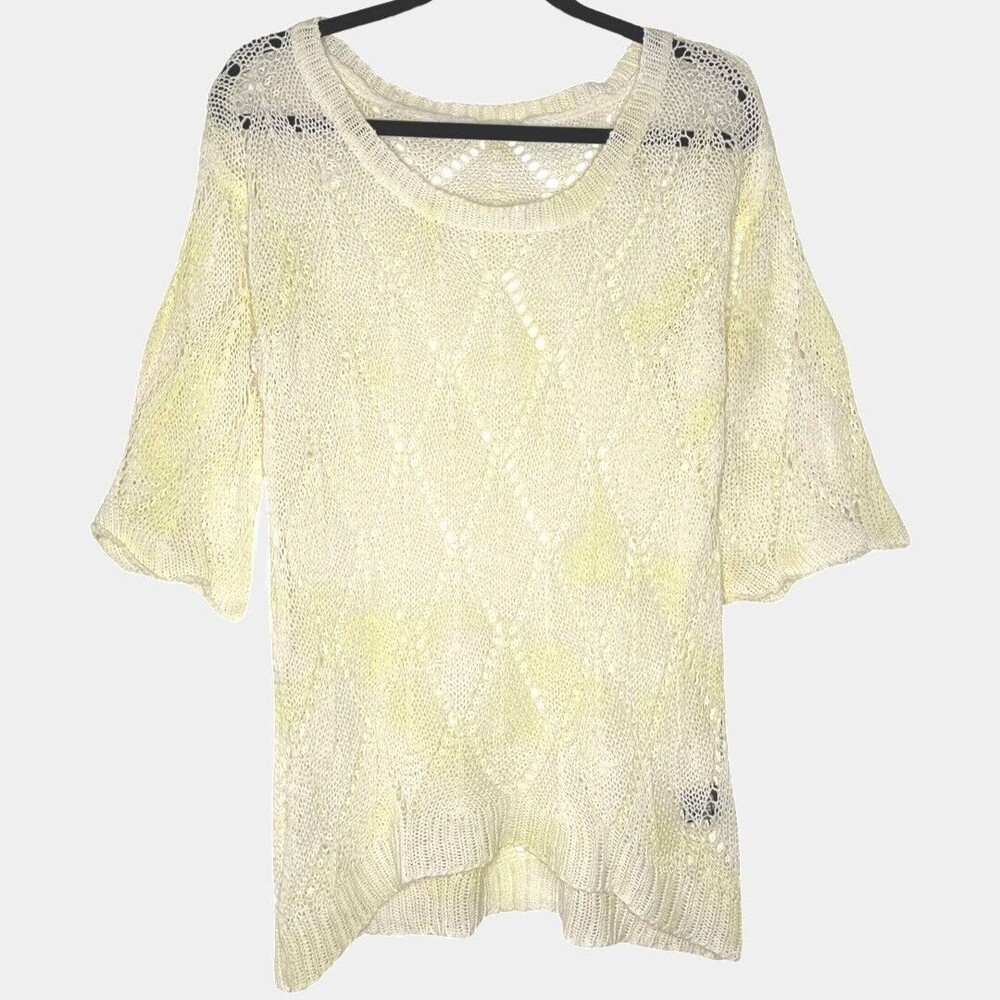 POL Womens Sweater Small White Open Knit Long Bell Sleeve Yellow Tie Dye Boho